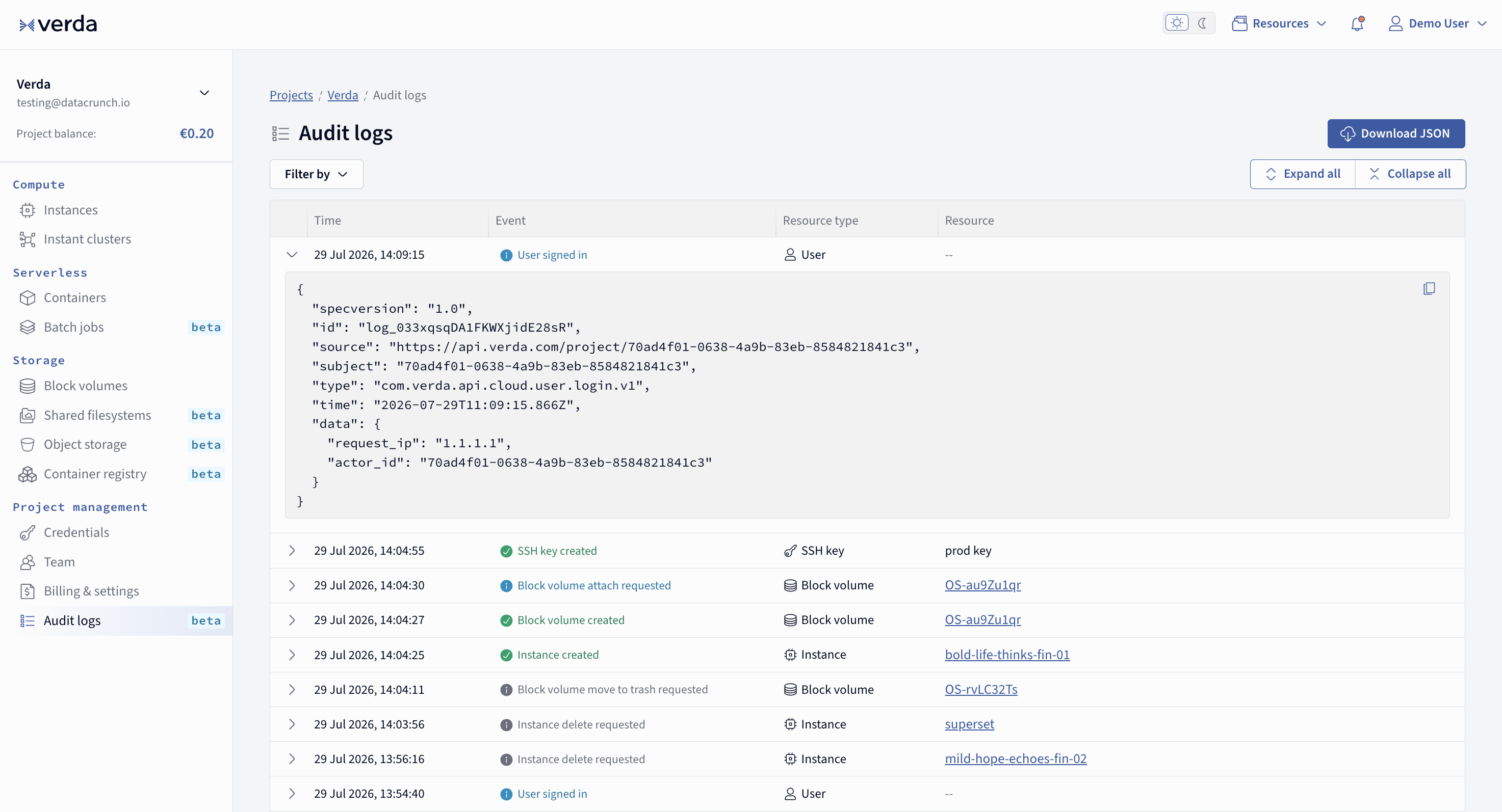 The Audit logs page in the Verda Console, with one event expanded to show its CloudEvents JSON