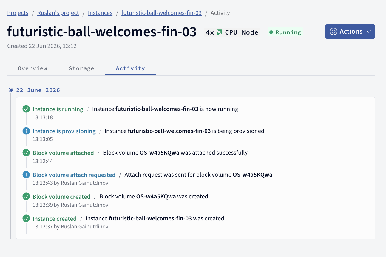 Activity tab showing an instance's activity log
